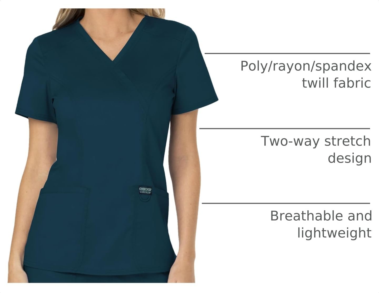 Cherokee WW Revolution Scrub Tops Women Mock Wrap 2 Pockets Nurse Shirt | Slim Fit, Instrument Loop, Soft 2-Way Stretch Fabric, Durable Construction, Side Vents, Easy Care, Breathable, Healthcare Use