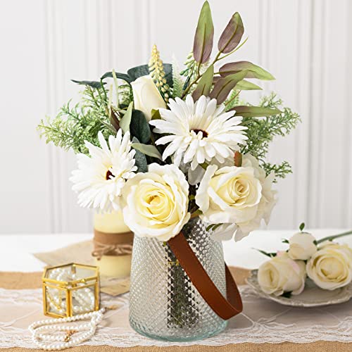 Raynecol Artificial Roses Flower With Vase, Fake Flowers Arrangement Decor For Home Office, Faux Silk Flowers For Coffee Table Centerpiece, Farmhouse Kitchen Dining Table Plant Decor #TOP28