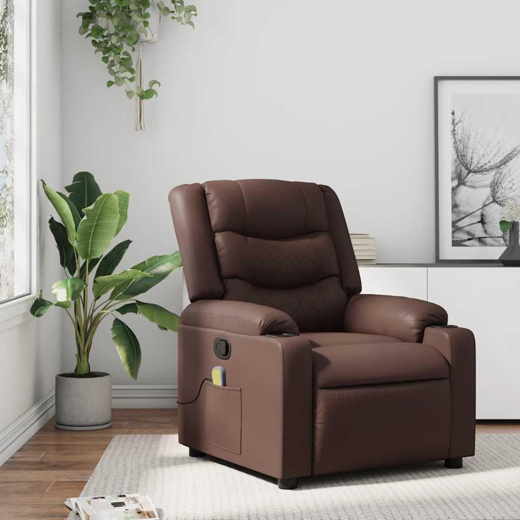 Poltrona massaggiante marrone ecopelle poltrona relax con massaggio a 6 punti, funzione sdraiata manuale, comoda poltrona TV per soggiorno, camera da letto, portata max. 110 kg