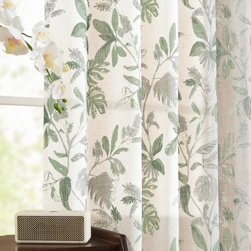 Image of jinchan Linen Curtains for Living Room 63 Inches Length Tropical Leaf Print Botanical Curtains Flax Farmhouse Country Curtains Rod Pocket Light Filtering Window Drapes Set 2 Panels Green