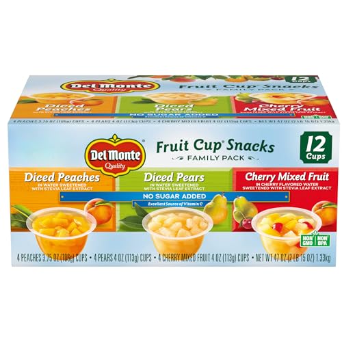 Del Monte Fruit Cup Snacks Variety Pack with No Added Sugar, 4 oz Cups (12 Pack) Diced Peaches,...
