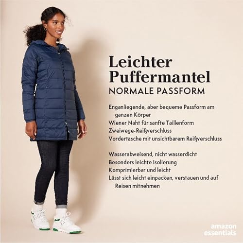 Amazon Essentials Damen Leichter, Wasserabweisender, verstaubarer Puffermantel mit Kapuze (Erhältlich in Übergröße), Dunkelgrün, XL