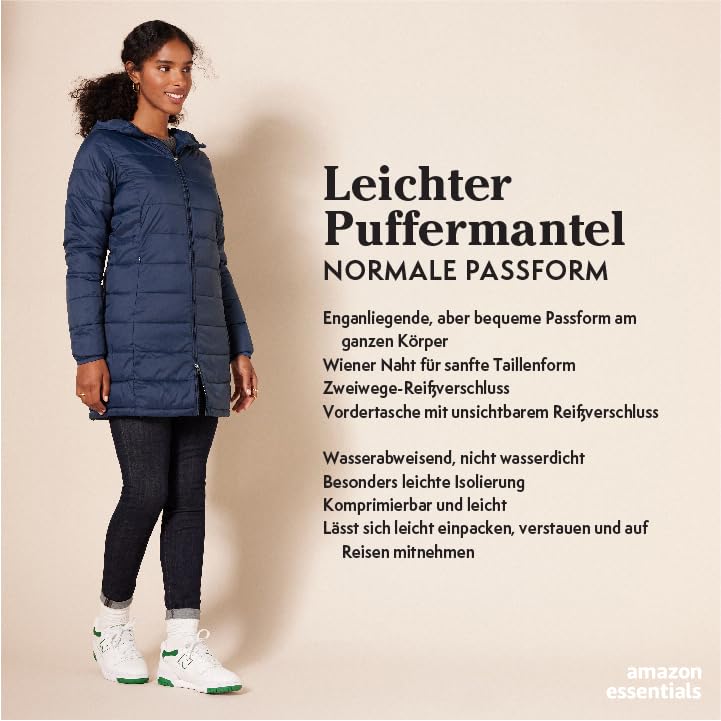 Amazon Essentials Damen Leichter, wasserabweisender, verstaubarer Puffermantel mit Kapuze (erhältlich in Übergrößen), Marineblau, L