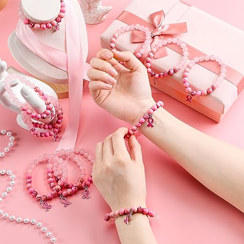 Karenhi 12 Pcs Breast Cancer Awareness Beaded Bracelets Pink Ribbon Charm Bracelets Breast Cancer Survivor Gifts for Women2