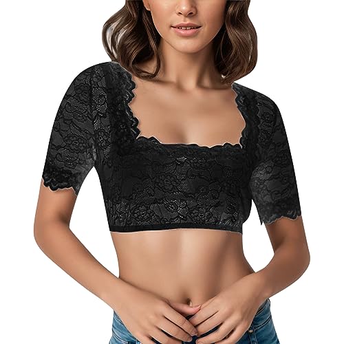 Dirndlbluse Damen Schwarz, Trachtenbluse Damen Schwarz, Spitzenbluse Rechteckiger Ausschnitt Kurzarm Oktoberfest Bluse Sexy Traditionelle Bekleidung Stretch Weich Wiesnherz Klassisch Hochzeit
