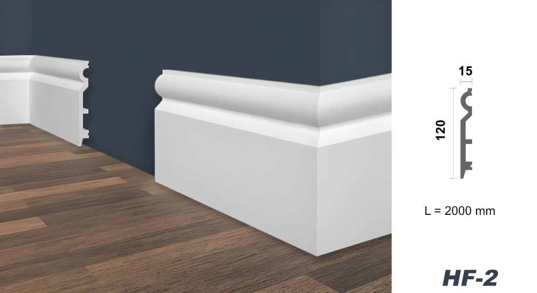 MARBET DESIGN Rodapiés de plástico blanco HDPS - Perfil de rodapié de 2 metros, listones de acabado para suelos, molduras de suelo, canal de cables (HF-2 120x15 mm, 10 metros)
