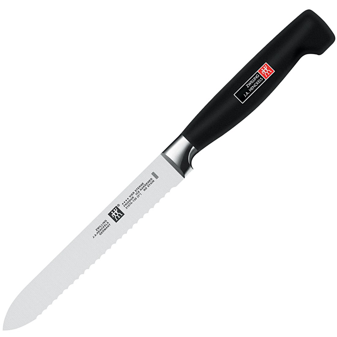 ZWILLING Four Star 5-inch Razor-Sharp German Serrated Utility Knife, Made in Company-Owned German Factory with Special Formula Steel perfected for almost 300 Years, Dishwasher Safe