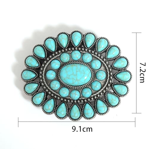 Image of FALETO Western Turquoise Belt Buckle for Men Vintage Cowboy Oval Alloy Belt Buckle
