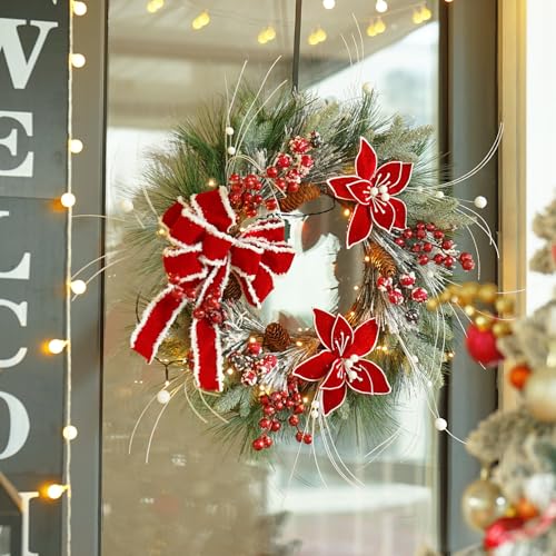 Christmas-Wreaths-for-Front-Door-Soomeir-Prelit-Poinsettia-Christmas-Wreath-with-Lights-Berries-and-Velvet-Bow-Lighted-Wreath-for-Holiday-Winter-Window-Outdoor-Indoor-Xmas Christmas Wreaths for Front Door Soomeir Prelit Poinsettia Christmas Wreath with Lights Berries and Velvet Bow Lighted Wreath for Holiday Winter Window Outdoor Indoor Xmas