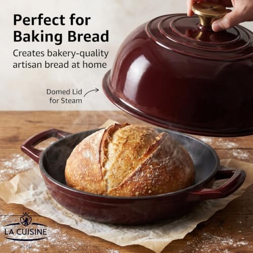 Image of La Cuisine Enameled Cast Iron Round Bread Dutch Oven for Sourdough Crusty Bread & High‑Heat Baking. Oven-Safe 550F /287C, Internal Matte Black Enamel Coating, 5 QT, Cranberry