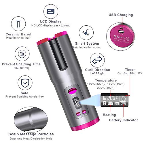 Hair Curler, Cordless Automatic, Portable Ceramic Barrel with 6 Temperature & LCD Timer Settings Fast Heating Hair Styling, Purple - Thumbnail 6