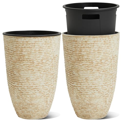 Worth Garden 2 Pack 21 H Beige Tall Planters with Inside Pots 14 Dia Plastic Large Round Plant Tree Pots Decorative Imitation Stone Finish for Indoor Outdoor Front Porch Container Patio