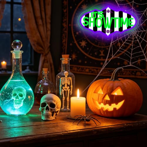 Image of It'S Showtime Neon Sign Halloween Horror Movie Neon Light LED Spooky Gothic Wall Decor USB Powered, for Home Theater Halloween Party Spooky Theme Movie Lounge Stage Bar(16.1 * 9.4 In)