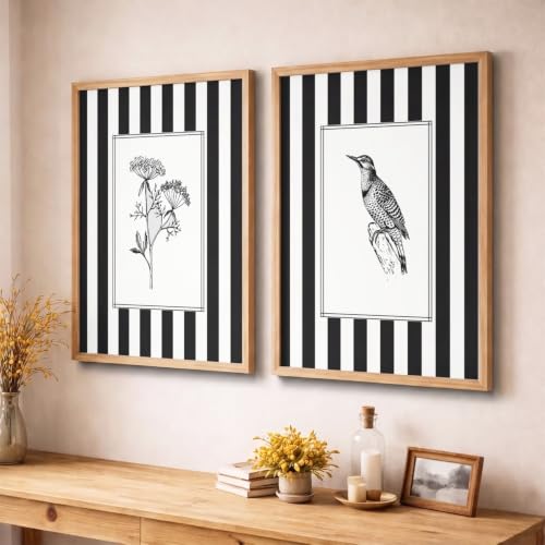 Image of YANVEER Set of 2 Minimalist Black & White Framed Wall Painting for Living Room | Modern Botanical & Bird Illustration Wall Art | Aesthetic Striped Wall Decor Frames for Bedroom, Office & Hall (13x inches)