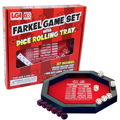 Farkel Game Set with Deluxe Dice Rolling Tray, Built-in Dice-Collection Channel, 2 Sets of Dice, 40-Sheet Scorepad, Classic Family Game