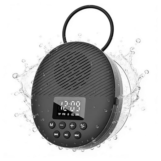 Shower Radio Speaker with Bluetooth 5.0, AGPTEK Waterproof Wireless Bathroom FM with Suction Cup 12H Long Playback Time, Lanyard, LCD Screen Display, Handsfree Calling, Storage Card Playback Black