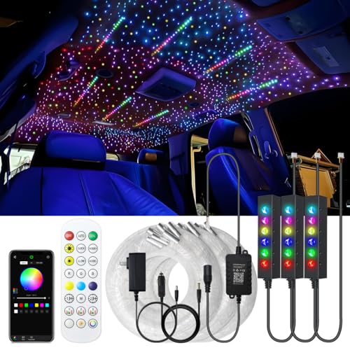 Image of AKEPO 3.2W 6-Hole RGB Headliner Starlight Kit, APP Control Colorful Color Chasing 9.8ft 1080pcs*0.75mm /0.03in Optical Fiber Sound Activated Fiber Optic Lights for Car and Home