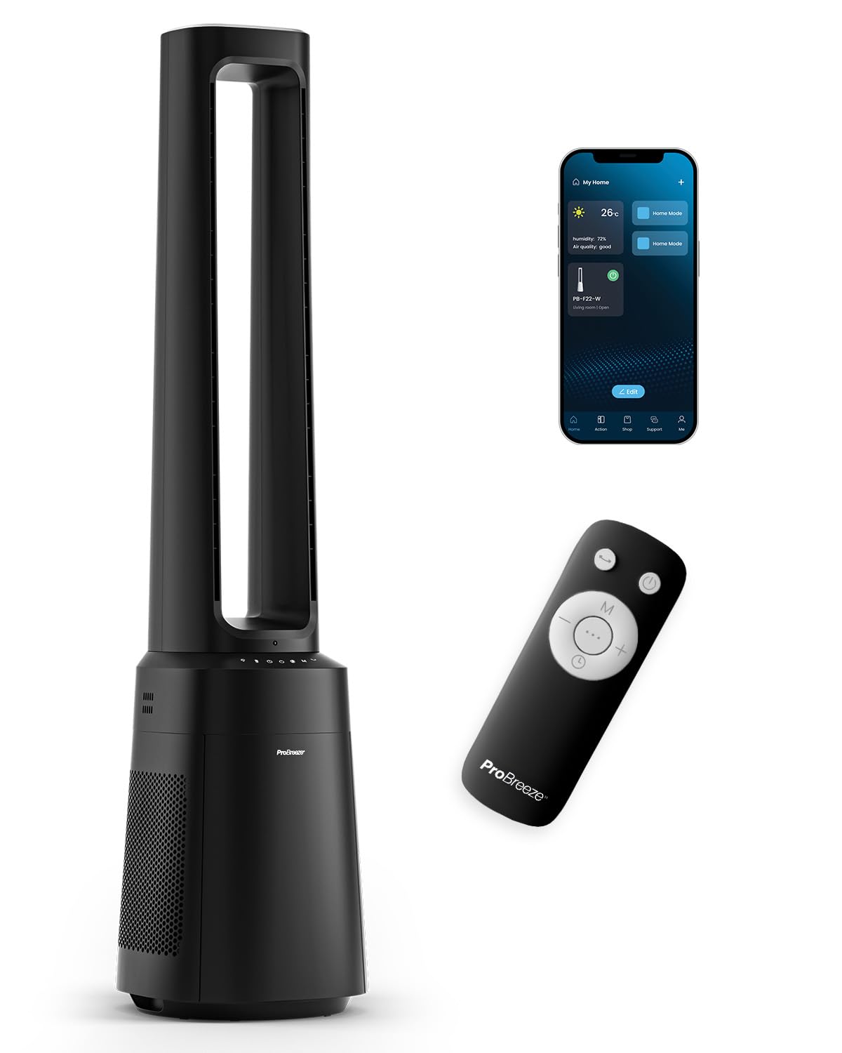 Pro Breeze Smart Leiser Turmventilator mit Luftreiniger - 12 m Wurfweite - HEPA 13 Filter - 75° Ventilator oszillierend - Fernbedienung - 10 Geschwindigkeiten - 5 Modi - 12h Timer - WiFi