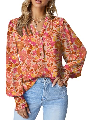 Dokotoo Women's Casual V Neck Easel Floral Print Long Sleeve Blouses Smocked Button Down Shirts Bohemian Top