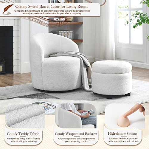 Swivel Barrel Chair With Storage Ottoman, Comfy Boucle Sherpa Accent Chairs For Living Room, Bedroom Corner, 360° Round Lounge Chair Set For Nursery, Modern Club Chair Small Arm Chair, White Teddy #TOP1