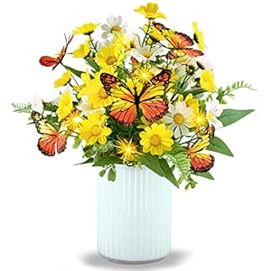 HOSY Artificial Daisy Bouquet in Glass Vase with Fairy Lights, Silk Flower and Butterfly Arrangements for Table Centerpiece Decoration (Daisy) HOSY Artificial Daisy Bouquet in Glass Vase with Fairy Lights Silk Flower and Butterfly Arrangements for Table Centerpiece Decoration Daisy