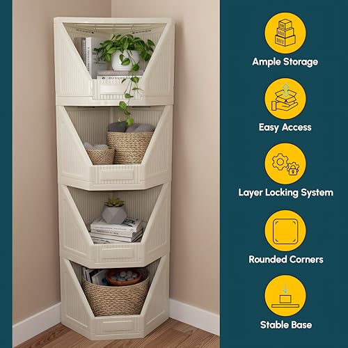 Image of HOMIFLY 4 Tier Corner Storage Cabinet /Stackable Plastic Cupboard for Storage /Foldable Wardrobe for Clothes /Toys Storage Organizer /Cabinet for Kitchen, Bathroom, Living Room (White)