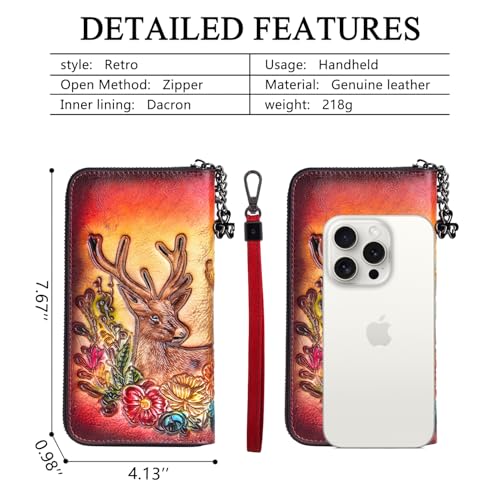 Image of Wallet Genuine Leather for Women - with RFID Blocking Card checkbook ID Slot Large Capacity Vintage style (deer red)