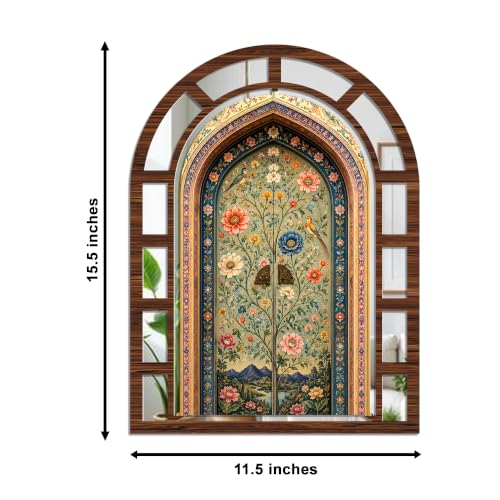 Image of Artvibes Bird & Blossom Theme Decorative Wall Accent | Jharokha Mirror Wall Hanging for Living Room, Bedroom, Hall, Foyer, Dining Room, Office & Entrance | Gift (WHJ 12055N), Set of 2