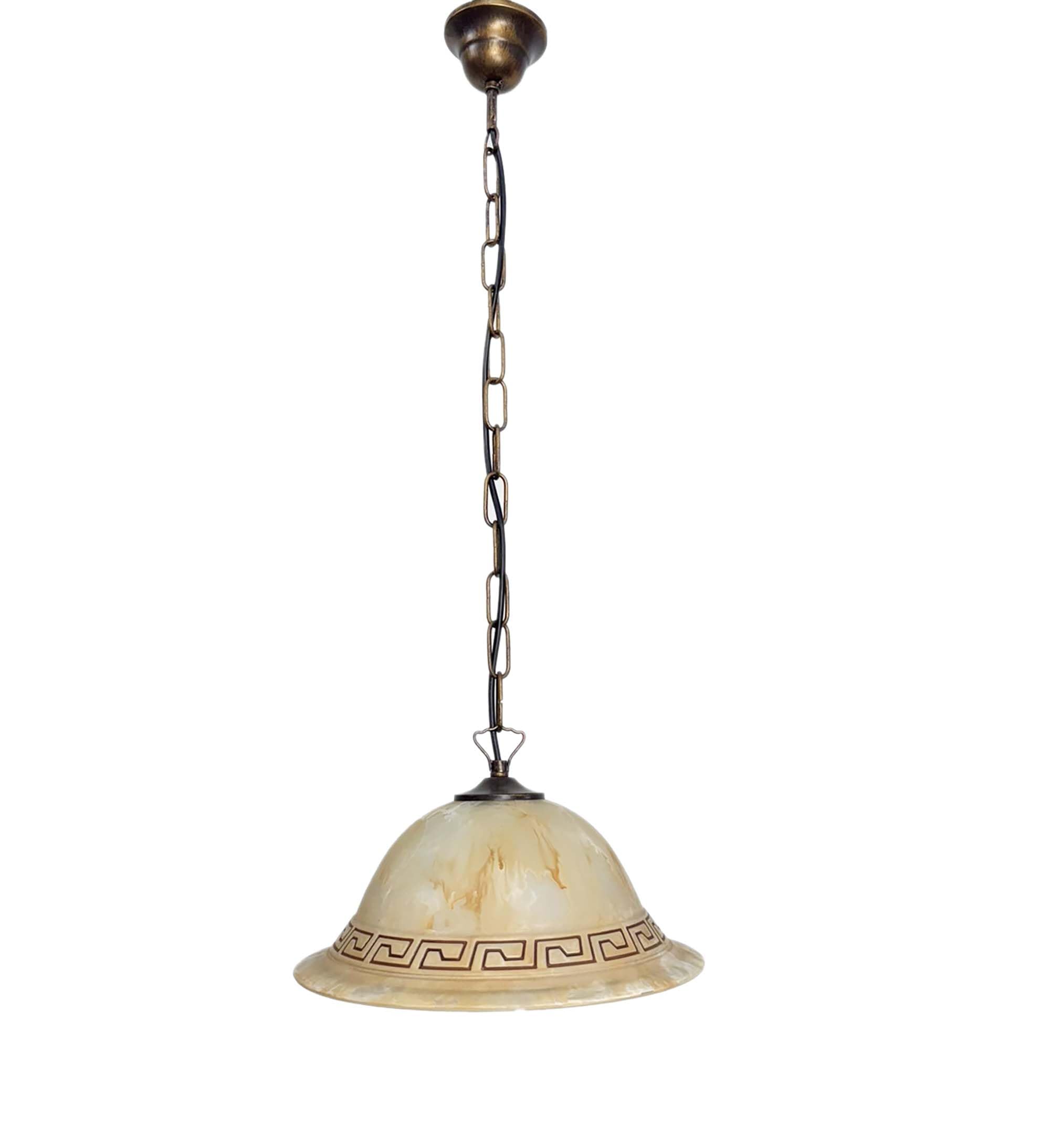 Generico Lampadario a sospensione classico a 1 luce catena ferro battuto e vetro con decoro effetto marmo per sala da pranzo, camera da letto, corridoio, ingresso, soggiorno, salotto, cucina.