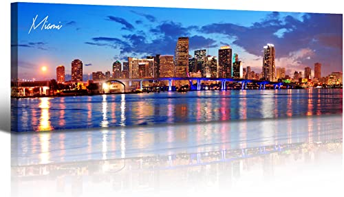 Image of Office Wall Decor Miami Skyline Wall Art Panoramic Cityscape Picture Modern USA City Night View Canvas Prints for Bedroom Living Room Home Decoration Stretched and Framed Ready to Hang 13.8 inchx45.3 inch
