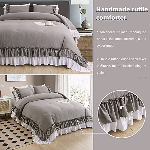 Qsh Light Grey Ruffled Comforter Sets King Size, French Country Bedding Soft Microfiber Comforter With 2 Layers Ruffles #TOP2