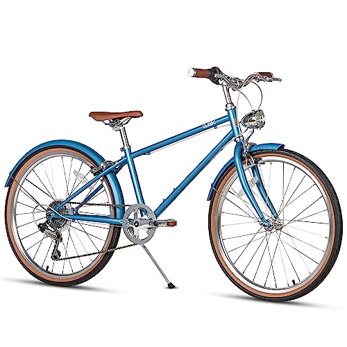 Glerc Bicicleta híbrida de 24 pulgadas para niños de 8 a 12 años, 6 velocidades, para niños y niñas, color azul