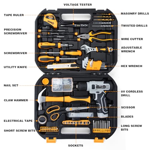 SOARFLY Upgradd 180 Piece Tool Set - Tool Box with 8V Cordless Drill, Hand Drill Set for Men & Women, Home Tool Kit with Hand Tools for House Repair, DIYers, Homeowners & Handymen