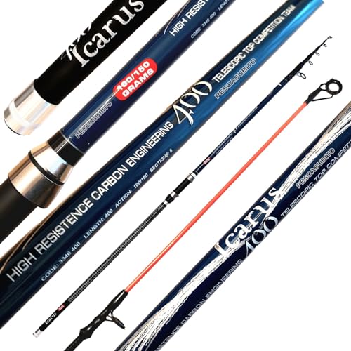 MONTATA CON TUTTI GLI ANELLI IN SIC A DOPPIO PONTE VETTA COLORATA IN ROSSO FLUO MOLTO SENSIBILE ALLE TOCCHE DEL PESCE CARATTERISTICHE TECNICHE LUNGHEZZA APERTA: 4.00MT LUNGHEZZA CHIUSA: 1.5MT AZIONE: 100/150Gr