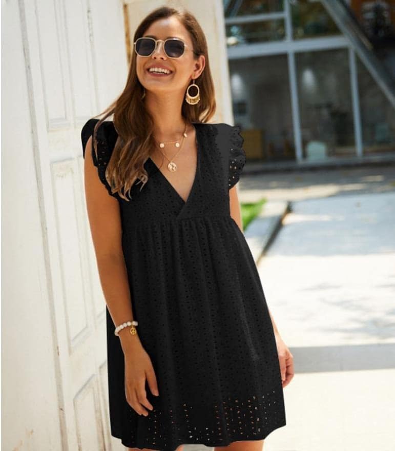 Miniatura 2 de Vestido corto casual de verano para mujer, con ojales, cuello en V, manga con volantes, holgado, con vuelo, con vuelo, corto