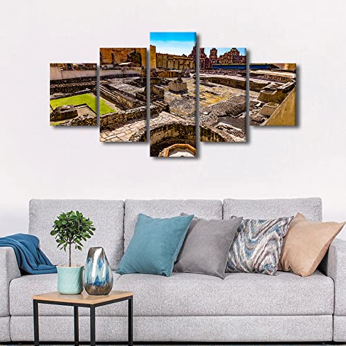 TUMOVO 5 Pieces Mexico Canvas Prints Templo Mayor Heritage Wall Art Paintings Mexico City Posters Stretched Pictures for Living Room Modern Home Decor Framed Wall Art Decorations, 60" Wx32 H