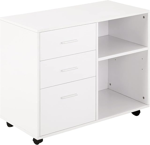 HOMCOM Freestanding Printer Stand Unit Office Desk Side Mobile Storage w/ Wheels 3 Drawers, 2 Open Shelves Modern Style 80L x 40W x 65H cm - White