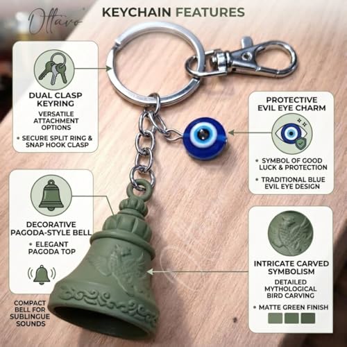 Image of OTTAVO Premium Guardian Bell Keychain for Bike & Car | Tibetan Texture Bell Keychain with Evil Eye & Silver Hook | Good Luck Charm with Laser-Engraved Wooden Gift Box