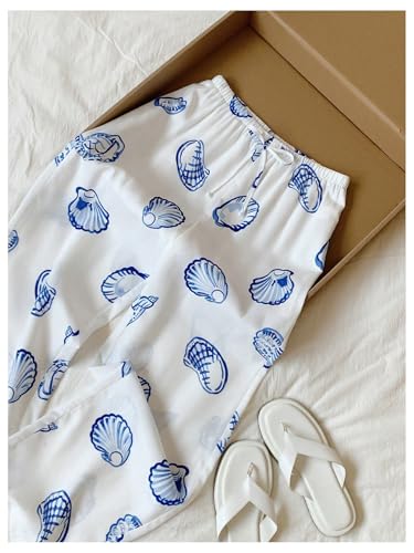 MakeMeChic Women's Seashell Print Elastic Waist Pants Tie Front Wide Leg Summer Trousers4