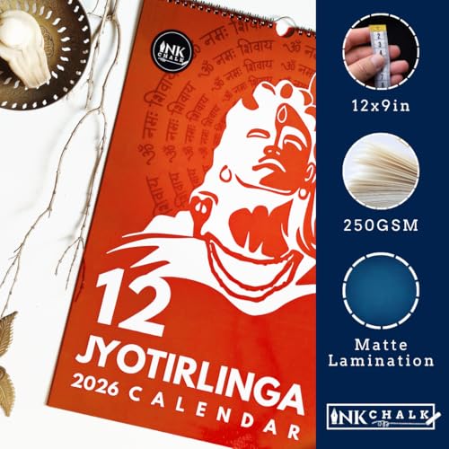 Image of 12 inchx9 inch 12 Jyotirlinga Wall Calendar 2026 | HD Temple & Linga Photos | Mythological Stories | Indian Holidays | Wiro-Bound | Gloss Laminated | Lord Shiva Calendar