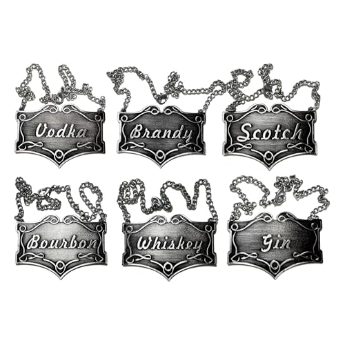 Vintage Liquor Decanter Tags Set of 6 Black Silver 2.44 x 1.72 inches Adjustable Chain Labels for Whiskey Bourbon Scotch Gin Vodka Brandy Elegant Decanter Accessories