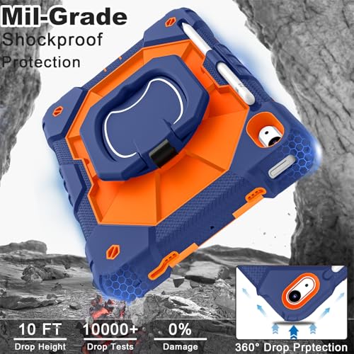 Image of WESOROL Case for iPad (A16) 11th /10th Generation 2025 /2022 with Screen Protector Rotating Stand Pencil Holder Shoulder Strap Heavy Duty Shockproof Cover for iPad 10th Gen Case,Navy Orange