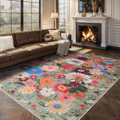 Floral Washable Carpet 8x10, Non-Slip Soft Bedroom Mat Stain Resistant, Ultra-Thin 8x10 for Living Room Easy Clean Accent Rug for Dining Room Office (8 x 10, Green Garden)