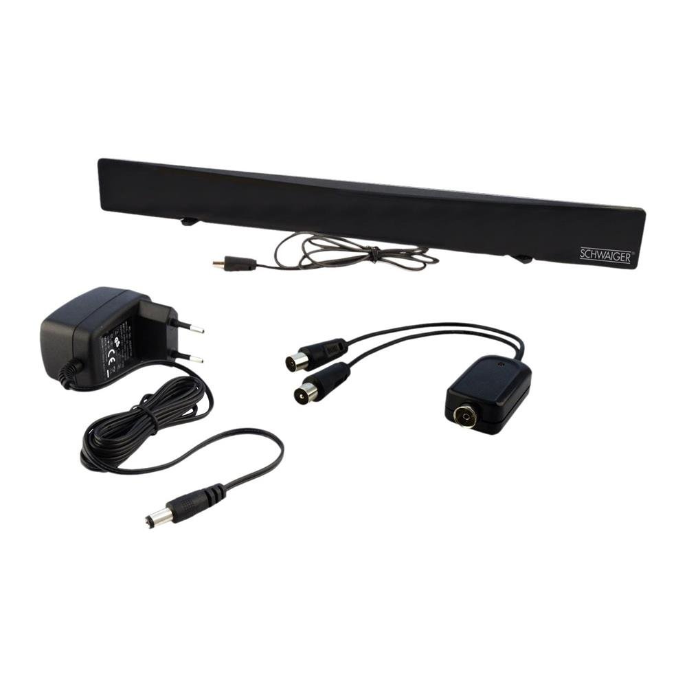 SCHWAIGER -DTA1000 011- DVB-T2 HD antena pokojowa (aktywna) / z separatorem sygnału, do odbioru UHF/VHF, anteny panelowej, naziemnej i cyfrowej telewizji i radia, czarna, DTA100011