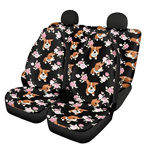 Image of Modysero Cartoon Corgi Rose Print Car Seat Cover Full Set Novelty Soft Elastic All Season Automotive Seat Cover for Women Universal Auto Seat Cover Accessories Fit Most Cars Vehicles
