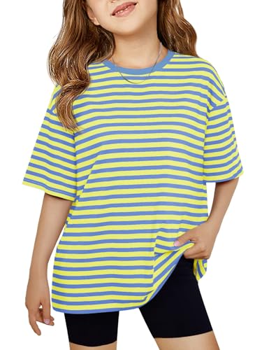 Image of Haloumoning Girls Striped Short Sleeve T Shirts Kids Summer Oversized Tops Casual Crewneck Tees 5-14 Years