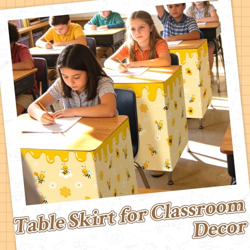 Image of 9FT Honey Drip Bee Table Skirt Bumblebee Teacher Desk Skirt Classroom Table Cover for Back to School Decor Rectangle Tablecloth for Farm Birthday Party Decorations Home Dorm Office Bookcase Cabinet
