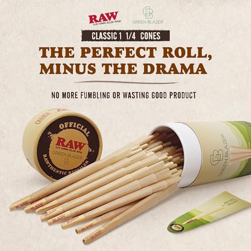 Image of RAW Cones 1 1 /4 Size: 100 Pack Patented Slow Burning Pre Rolled Rolling Papers & Tips, Classic Raw Paper, 84mm