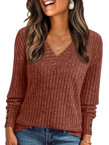 AUTOMET Womens V Neck Decorative Buttons Long Sleeve Shirt Fall S...