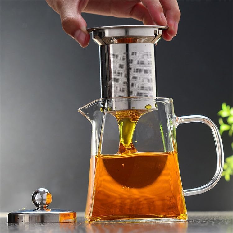 Image of Borosilicate Glass stovetop Kettle with Stainless Steel Infuser teapot to Infuse Tea Coffee Black Tea harbal kadha Tea Pot for Making Green Tea (Square Teapot 750 ML)